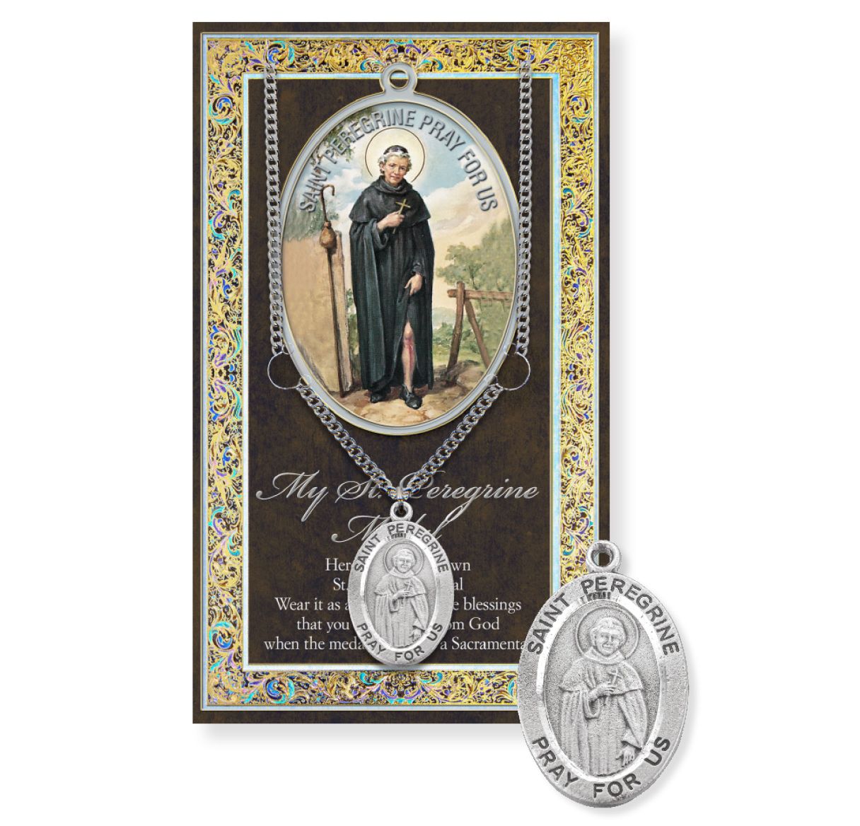 Saint Peregrine pendant with card on a white background