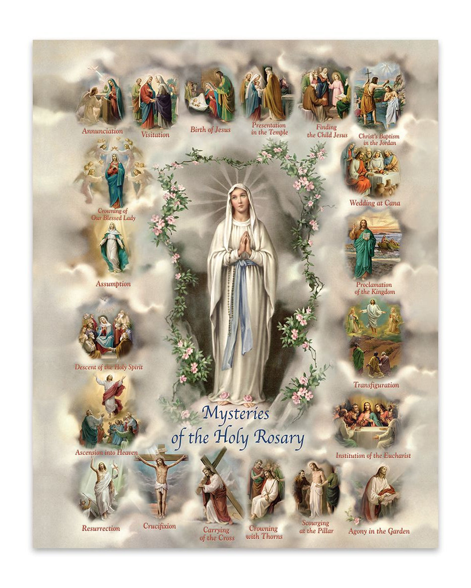 Poster of the Mysteries of the Holy Rosary with central figure and side images.
