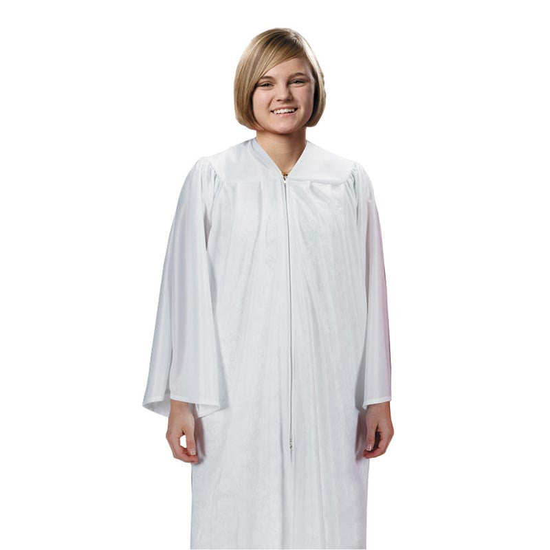 Person wearing a white confirmation gown on a white background