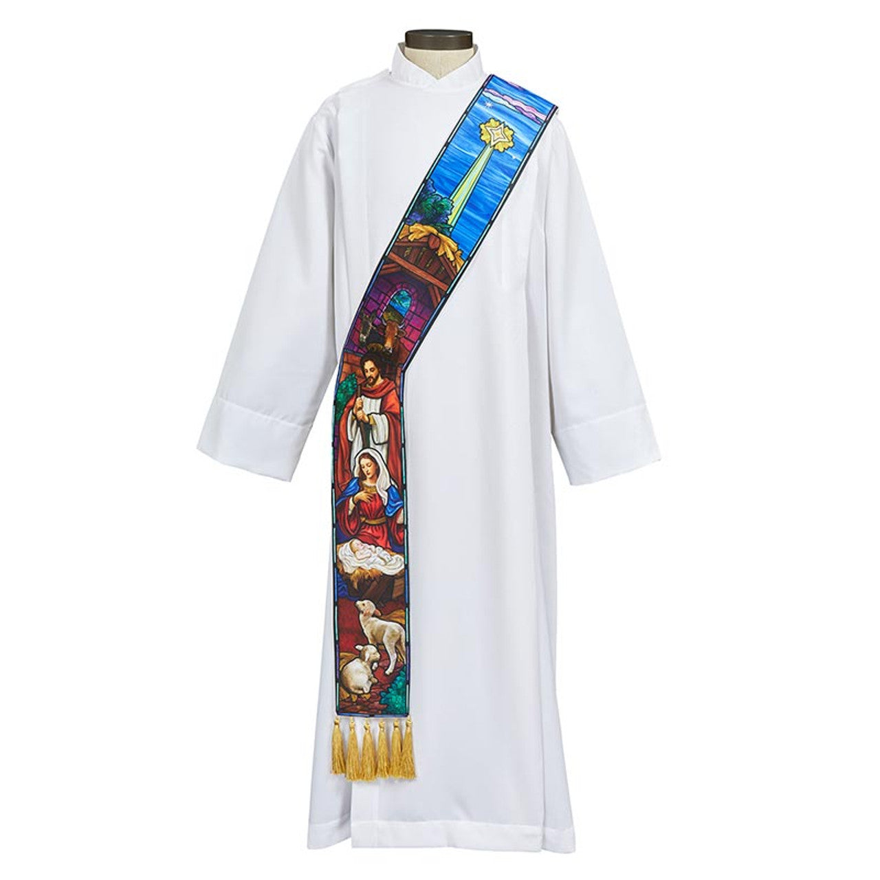 White robe with a colorful stole on a mannequin against a white background
