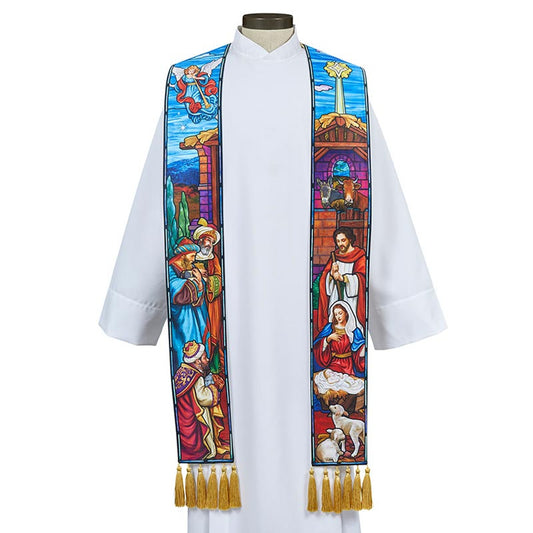 White robe with a colorful stained glass-style stole on a mannequin against a white background