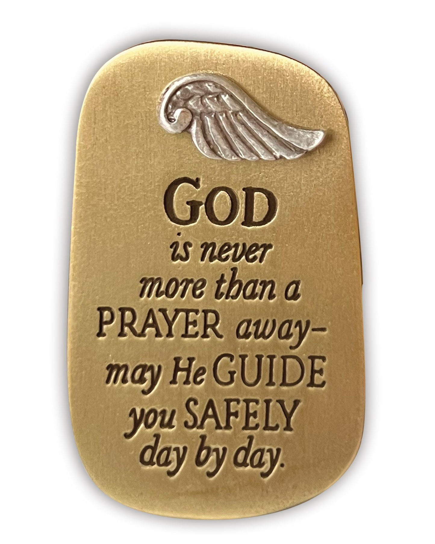 Gold plaque with engraved text and a wing symbol on a white background