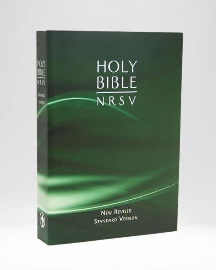 Green Bible with 'Holy Bible NRSV' text on a white background