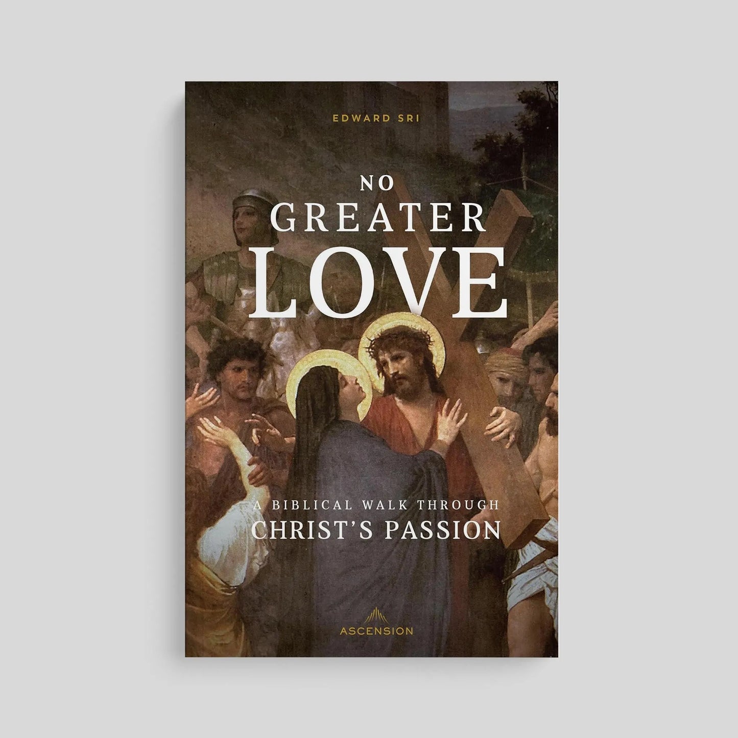 Book cover of 'No Greater Love' with religious scene on a light gray background