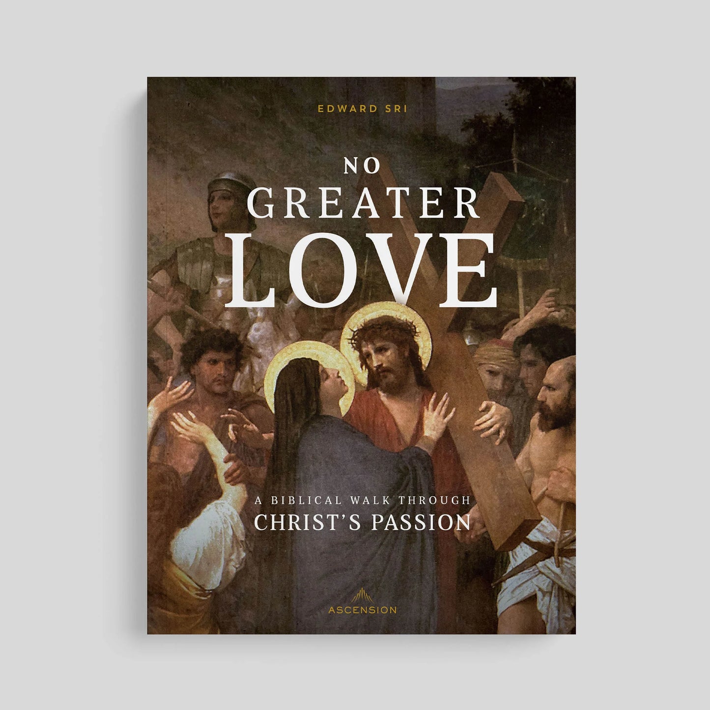 Book cover of 'No Greater Love' with religious illustration on a gray background