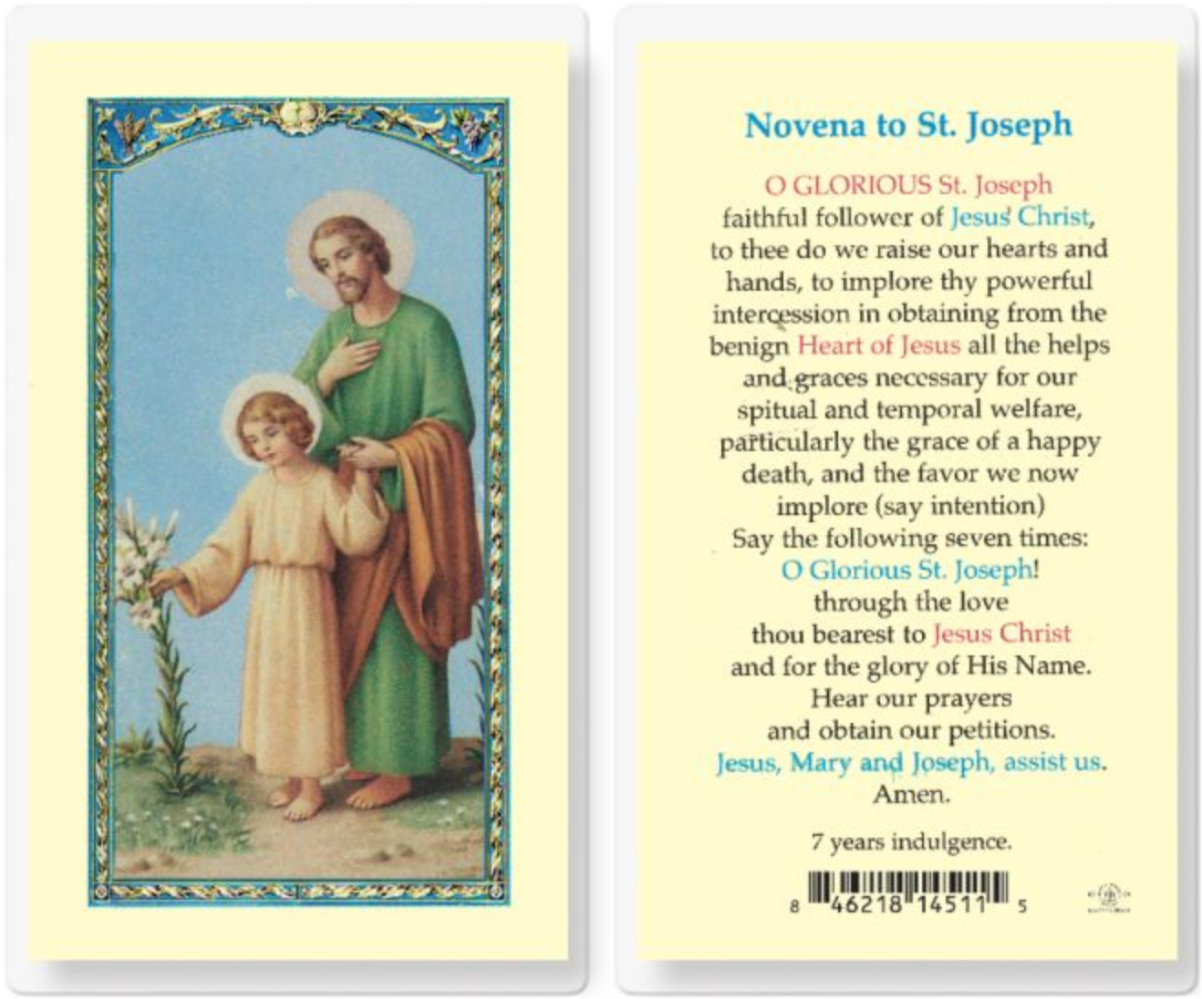 Novena to Saint Joseph Holy Card