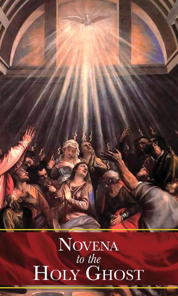 Illustration of a religious scene with people looking up towards a dove, symbolizing the Holy Spirit, with text 'Novena to the Holy Ghost' at the bottom.