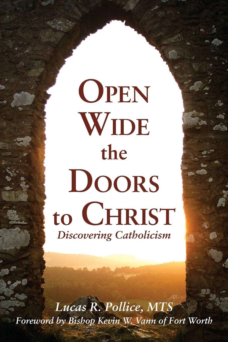 Book cover of 'Open Wide the Doors to Christ' with a stone archway and sunset landscape.