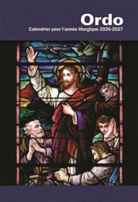 Calendrier pour l'année liturgique 2026-2027 with stained glass design