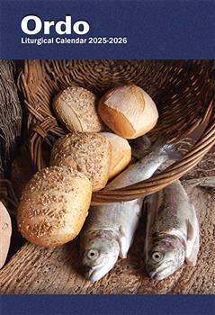 Ordo Liturgical Calendar 2025-2026 with bread and fish on a wooden surface