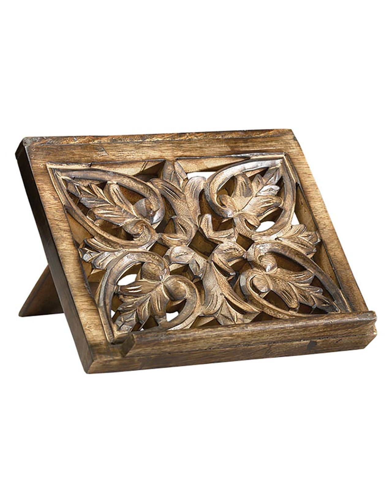 Decorative wooden stand with intricate carvings on a white background