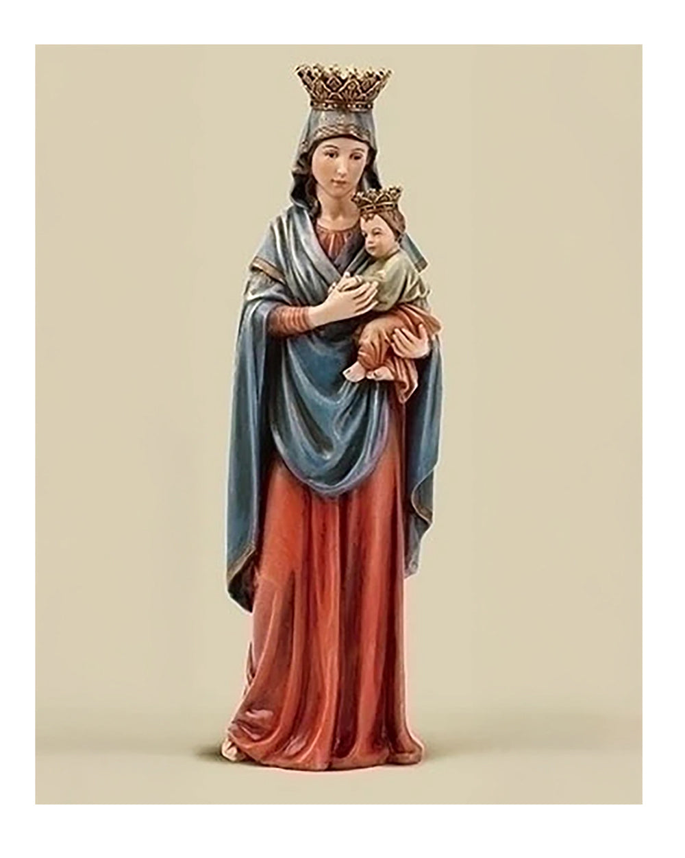 A statue of the Lady of Perpetual Help, depicting a woman in a blue and red dress holding a child, with a crown on her head.