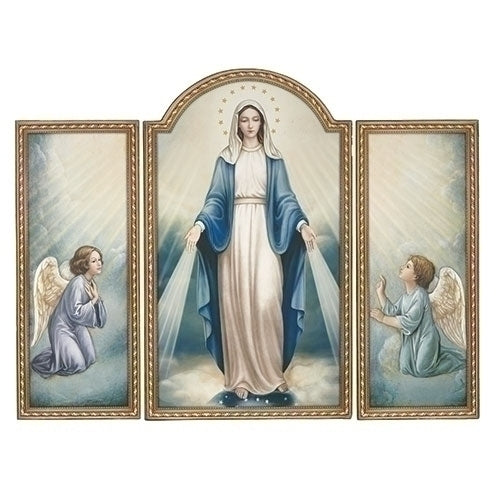 A triptych religious wall plaque featuring the Virgin Mary with two angels, with blue and gold robes, set within a gold frame.