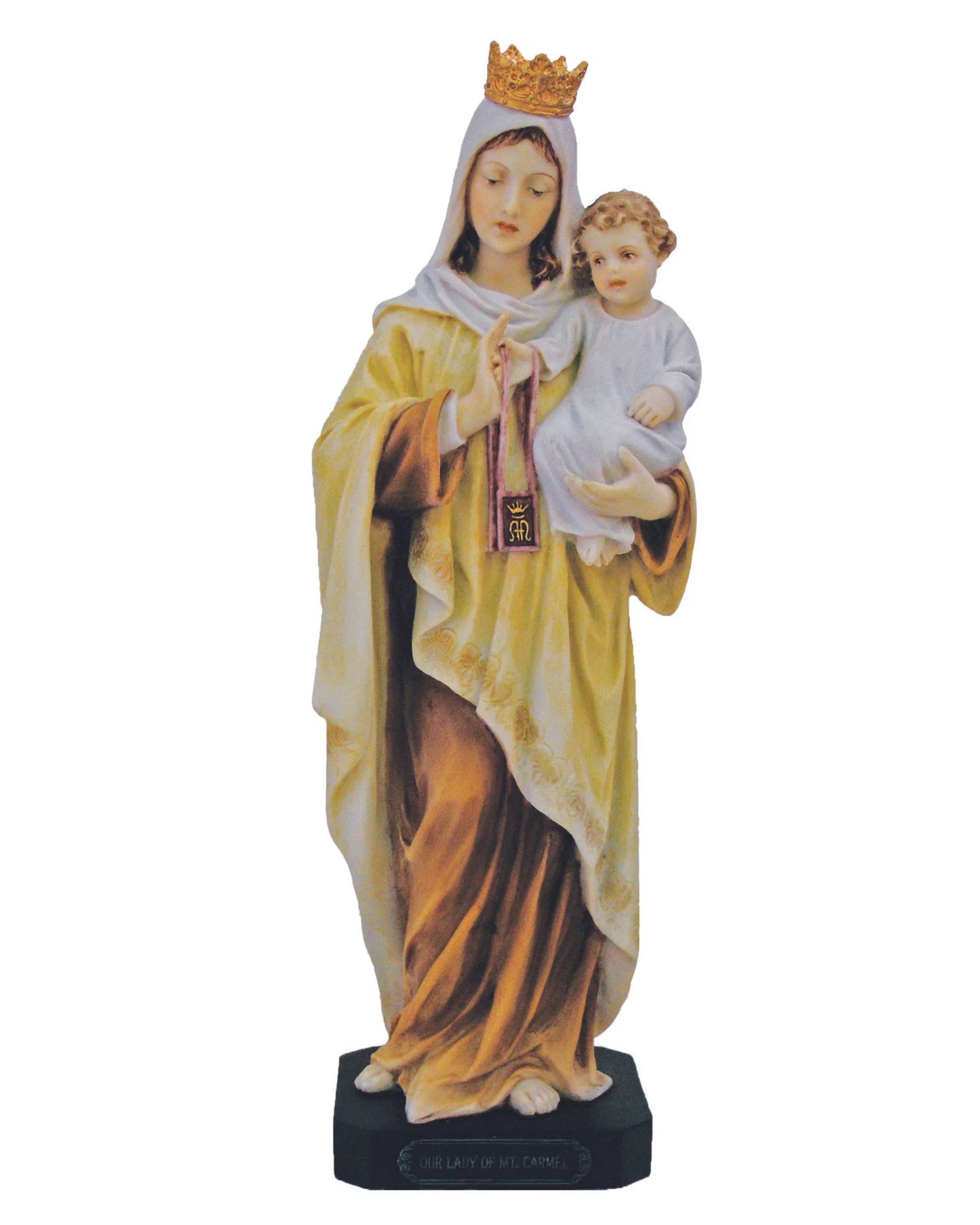 Statue of a woman holding a child with a crown on a white background
