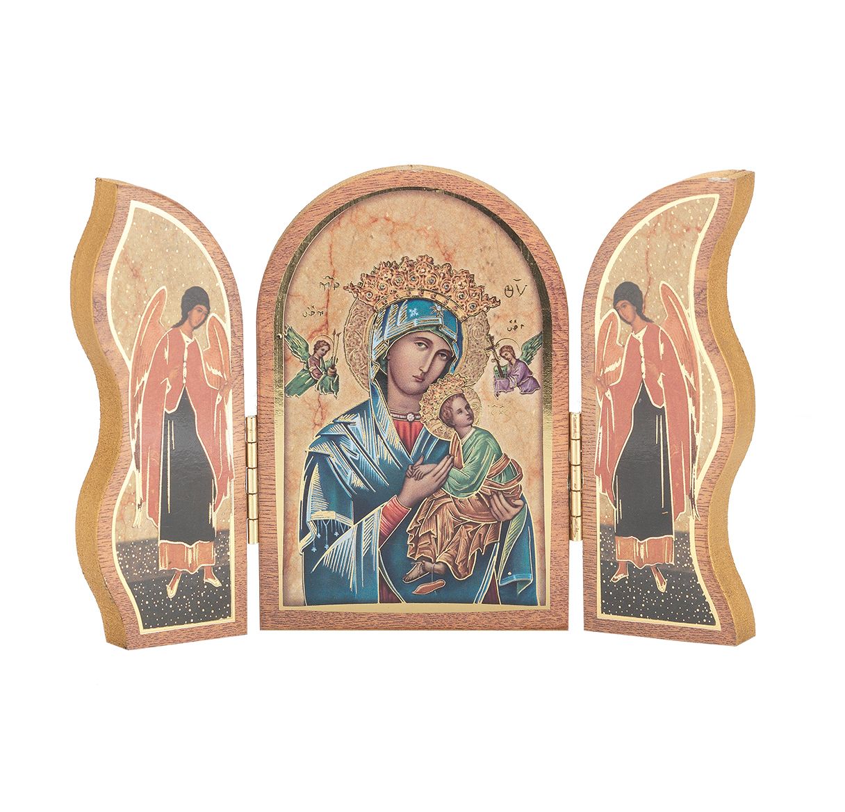 Tríptico de madera natural de pie de Nuestra Señora del Perpetuo Socorro 5"