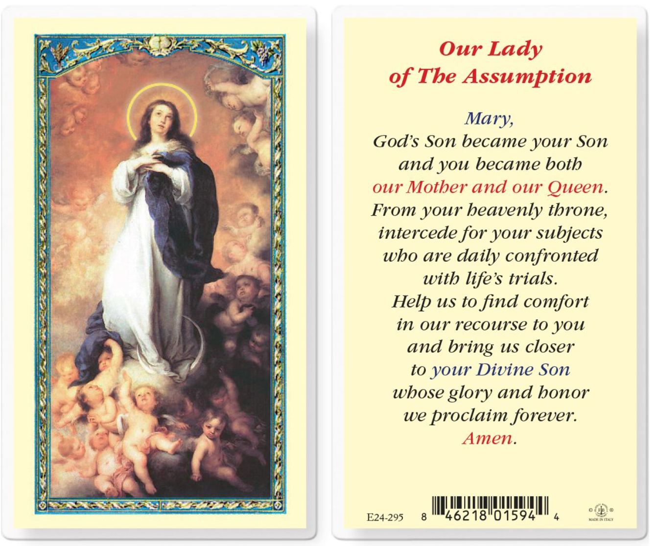 Prayer card featuring an illustration of Our Lady of the Assumption with text on the back.