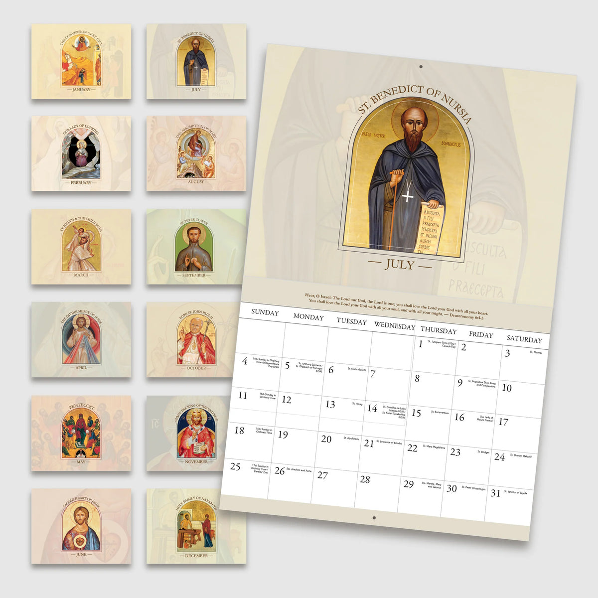A set of St. Benedict of Nursia religious wall calendars and matching cards shown on a white background.