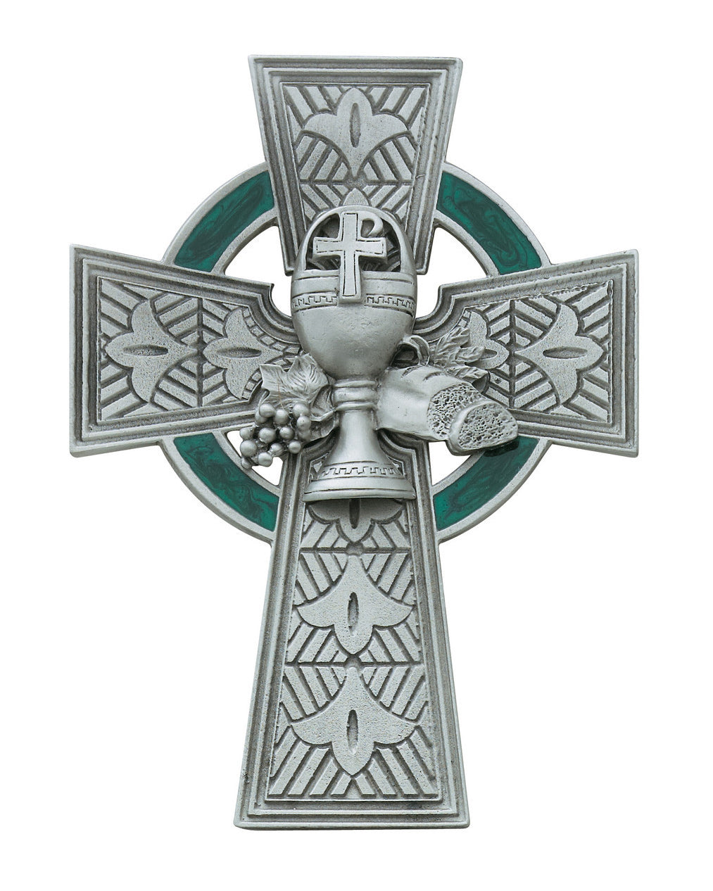 Decorative silver cross with green background on a white background