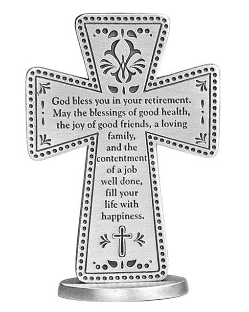 Decorative cross with engraved text on a white background