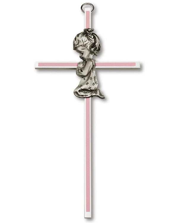 Cross pendant with angel figure on a white background