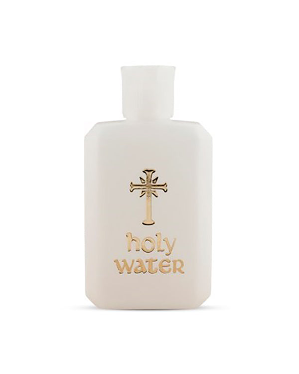 White bottle labeled 'Holy Water' with a cross on a white background