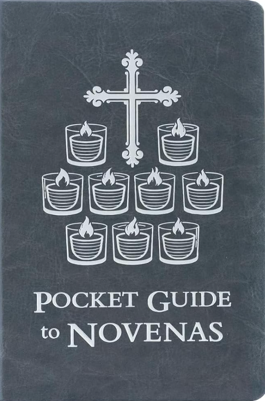 Pocket guide to novenas with candles and cross design on a dark background