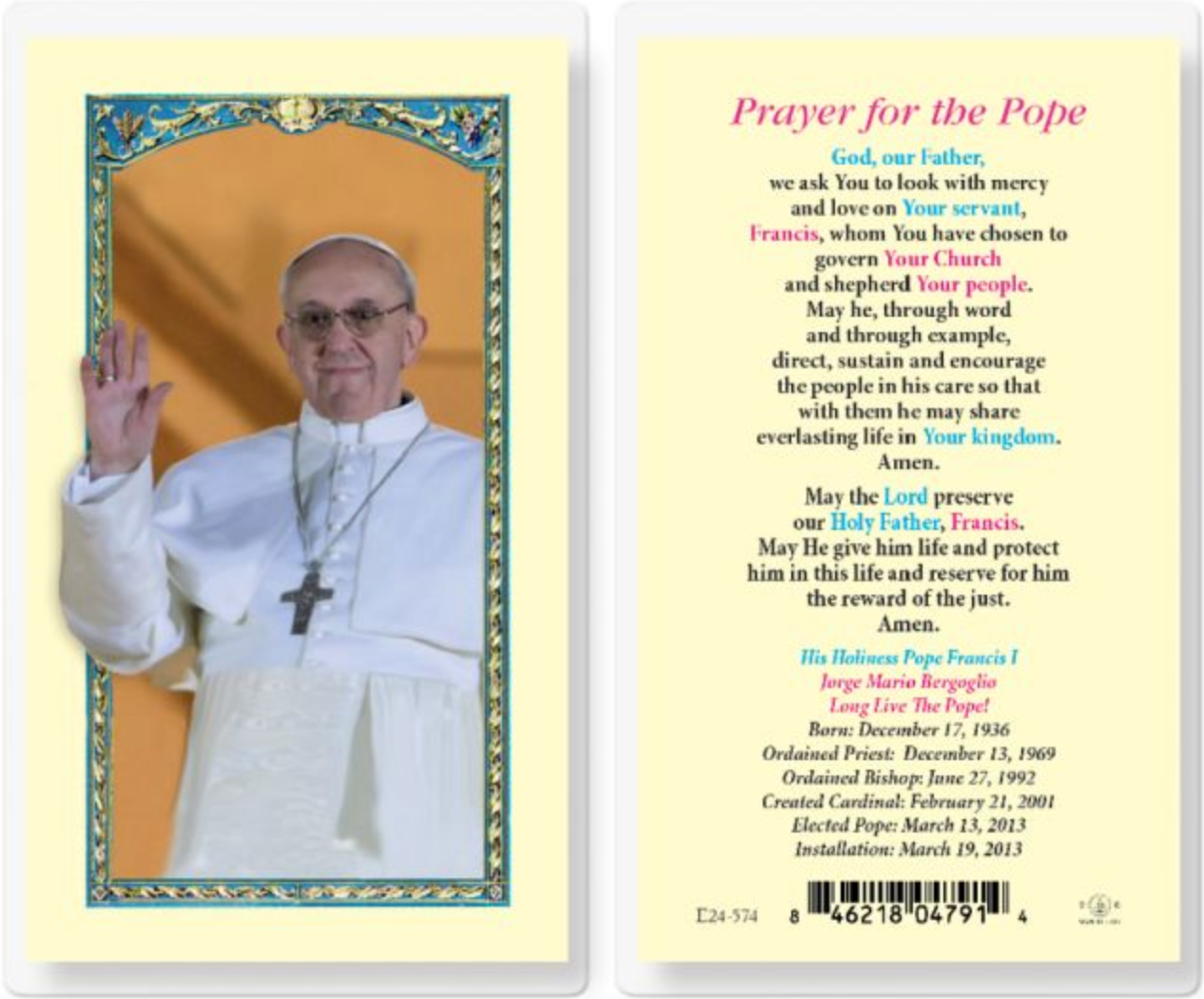 Pope Francis Laminated Holy Card