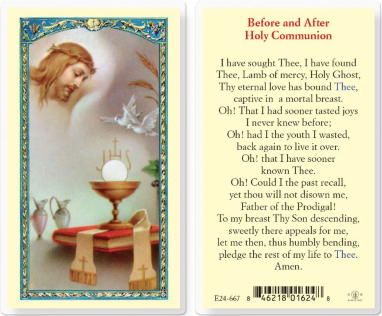 Prayer Before and After Holy Communion Holy Card