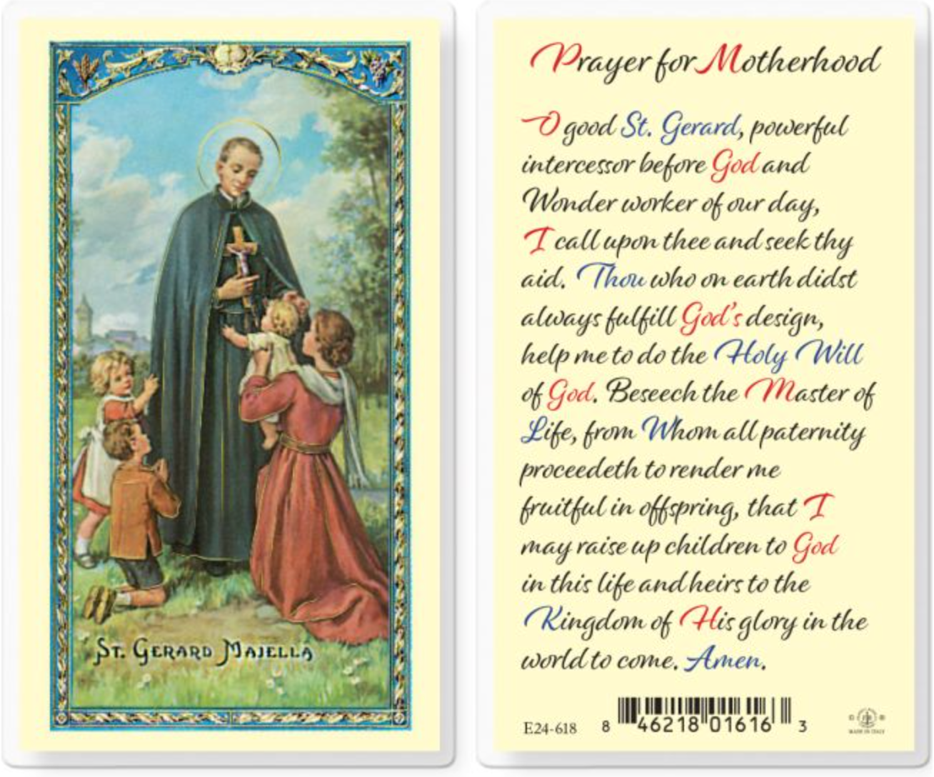 Prayer card with illustration of a saint holding children and prayer text on a blue background