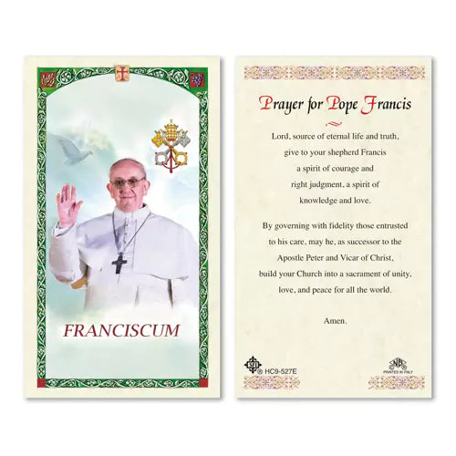 Prayer card for Pope Francis with a portrait on one side and text on the other.