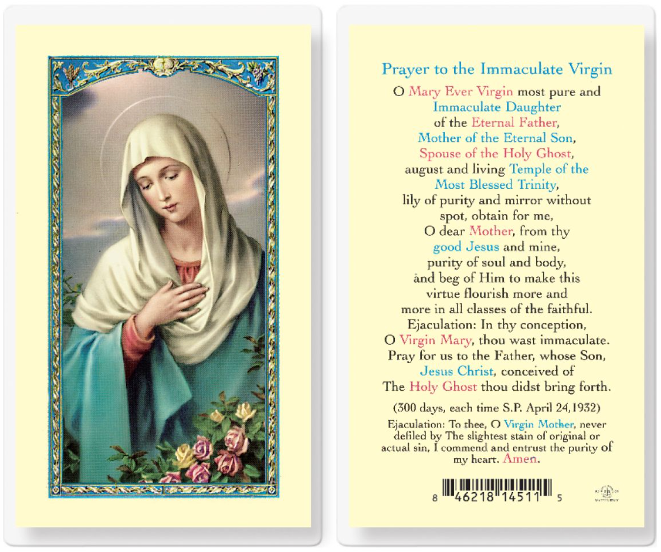 Prayer card with an image of a woman and text on a yellow background