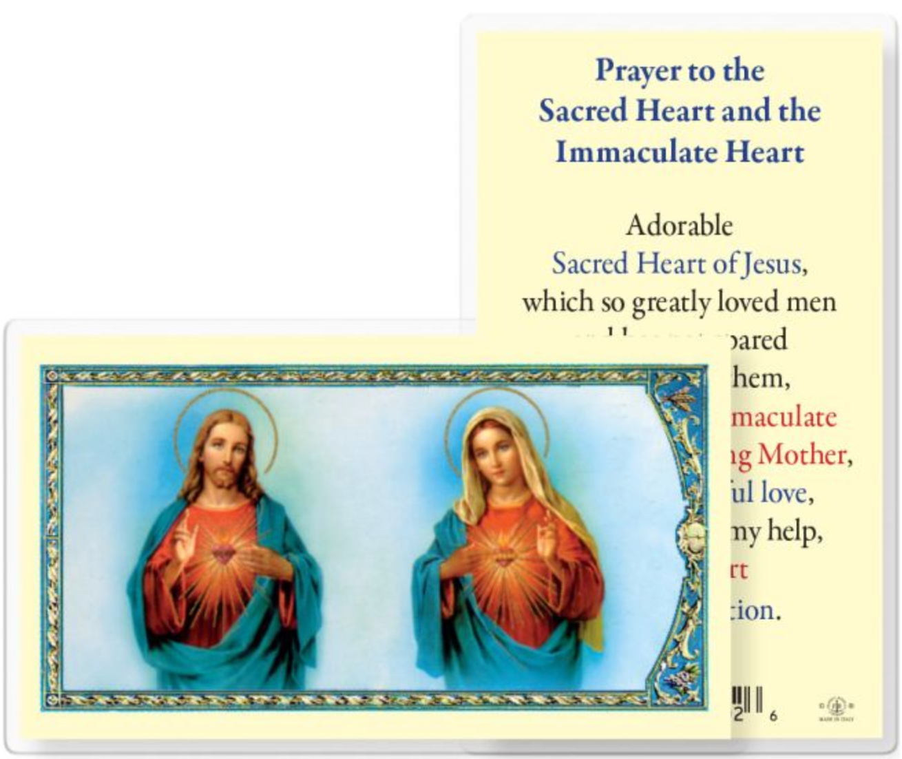 Prayer to Sacred Heart of Jesus and Immaculate Heart of Mary Holy Card