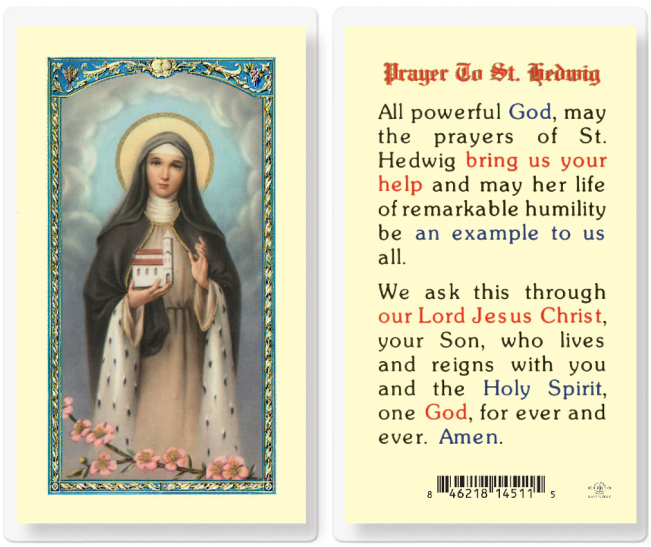 Prayer card with an illustration of a saint and a prayer text on a yellow background