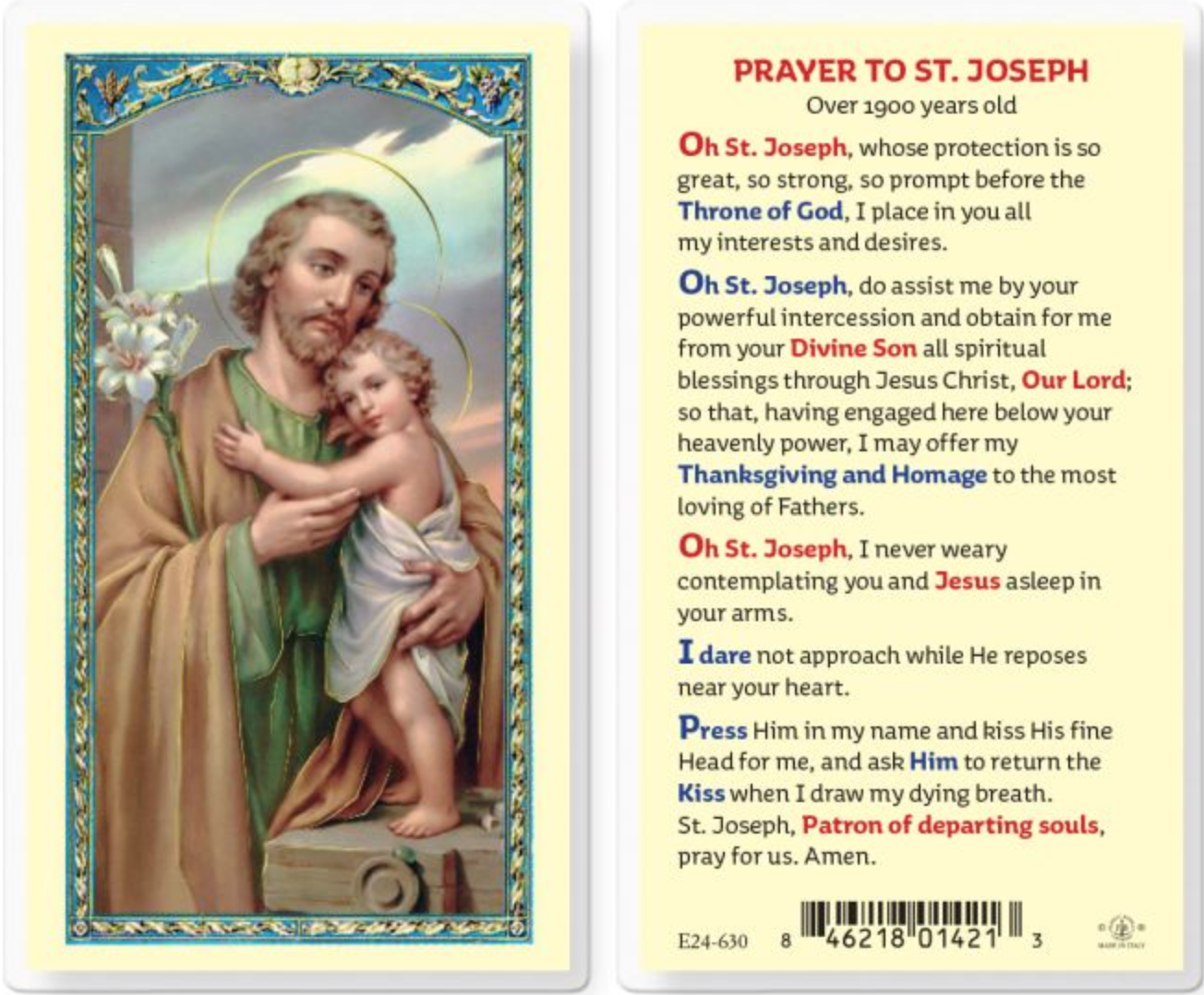 A laminated Italian holy card featuring an image of Saint Joseph with the baby Jesus, with gold accents and a prayer to Saint Joseph.