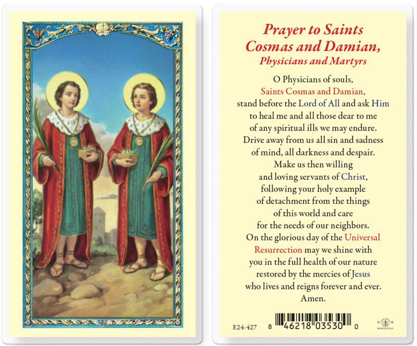 Prayer card with illustration of Saints Cosmas and Damian on one side and prayer text on the other.