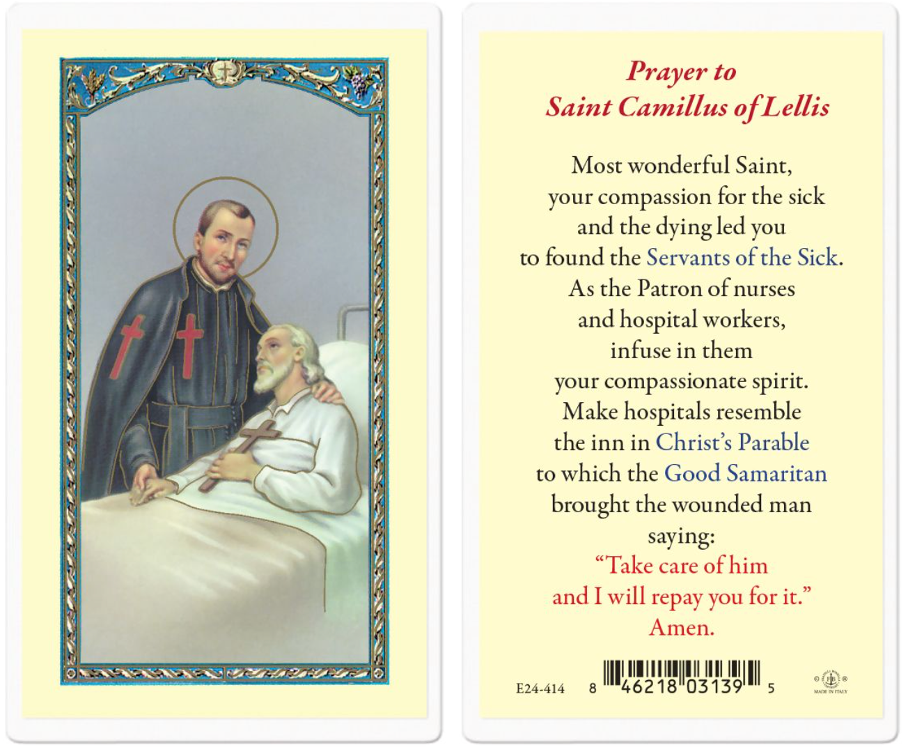 Prayer card with illustration of a saint and text on a yellow background