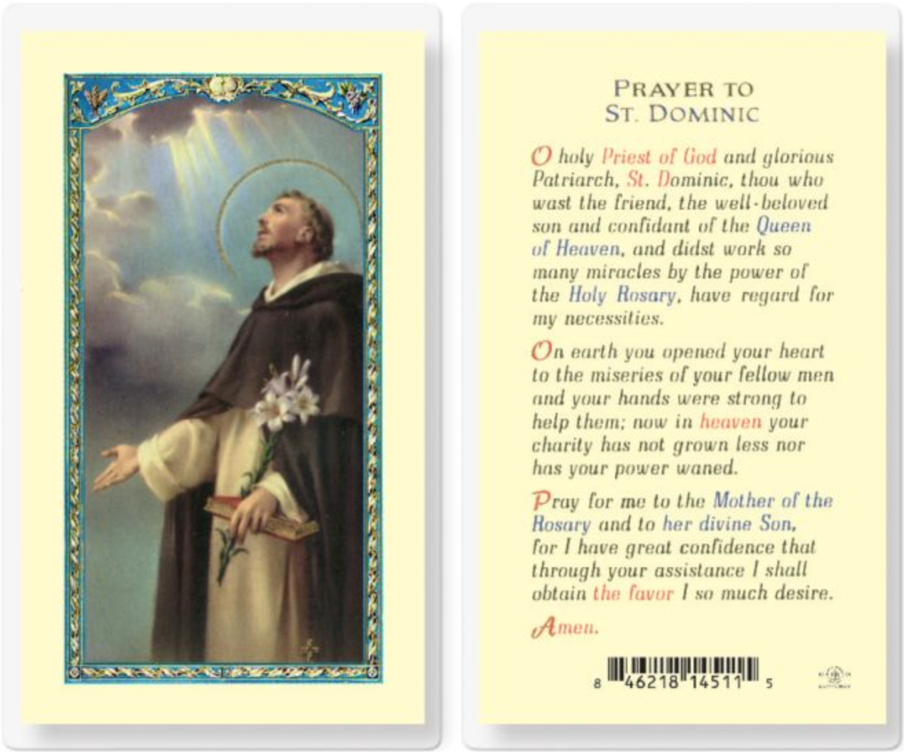 Prayer to St. Dominic Holy Card