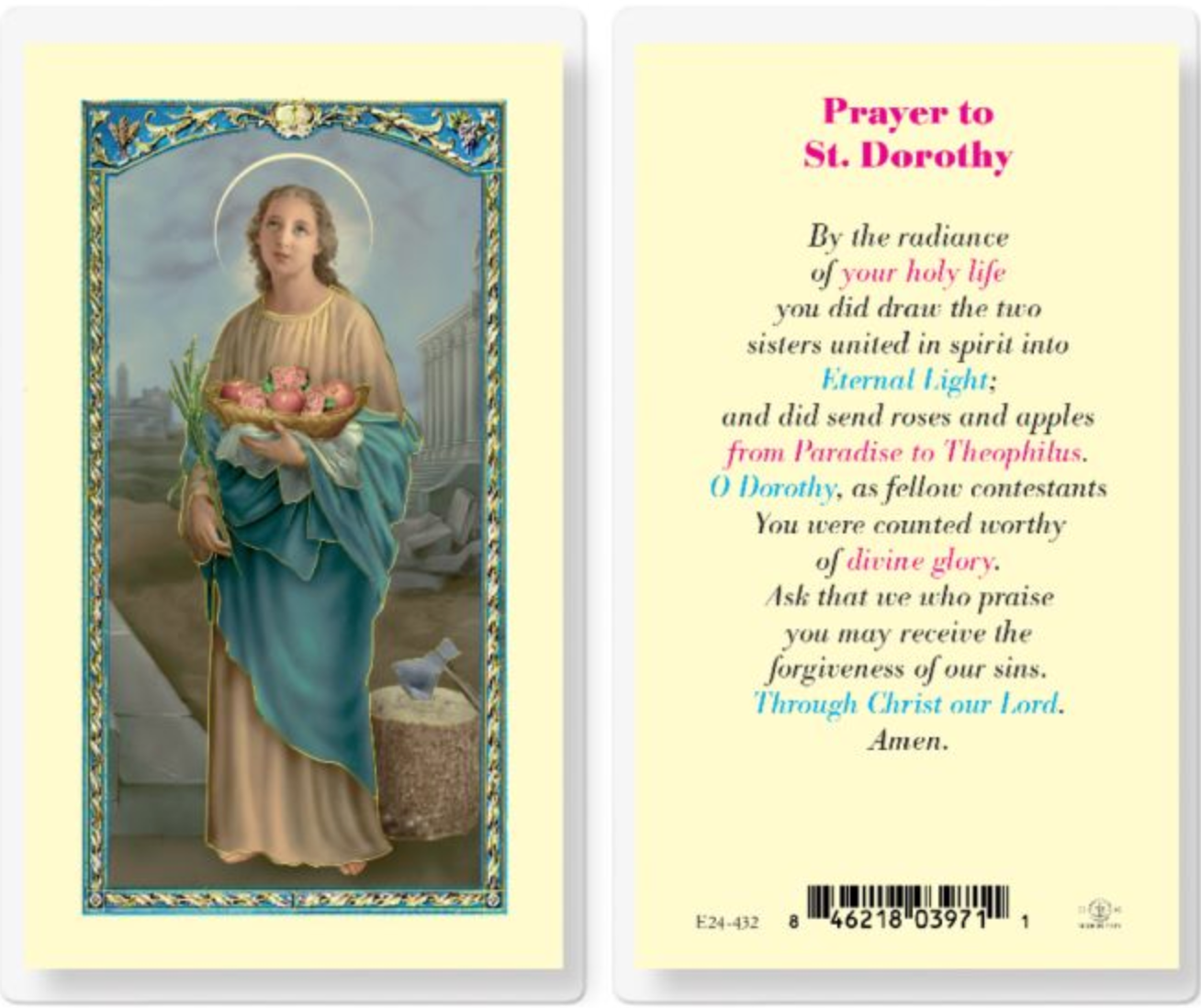 Prayer card with an illustration of a saint holding a basket of apples and text on a yellow background
