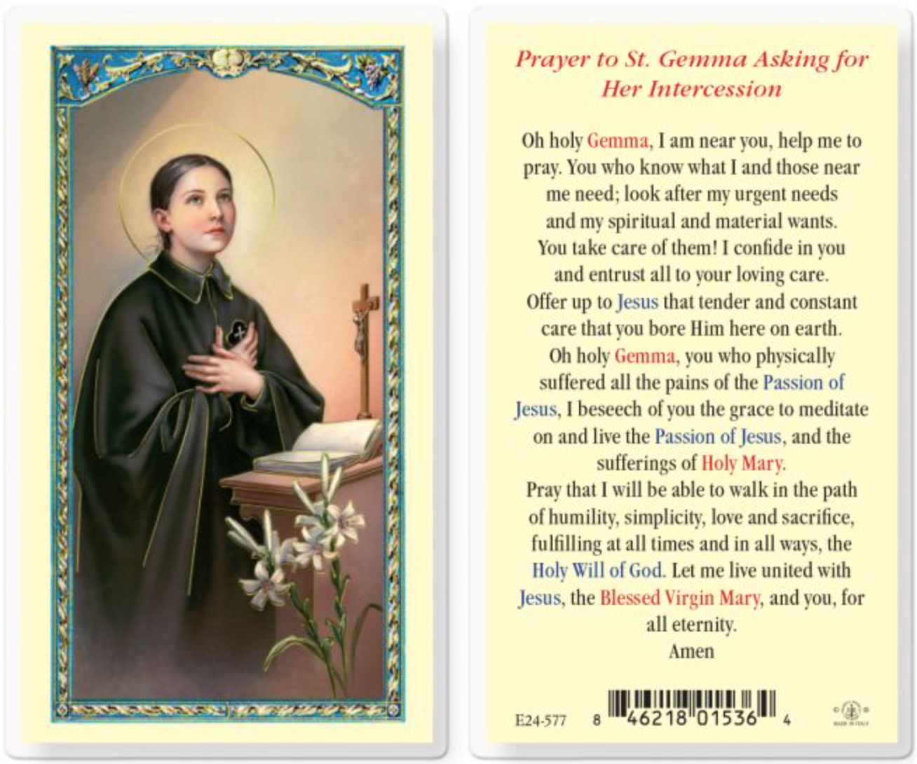 Prayer card with a portrait of a saint on one side and a prayer text on the other, framed by decorative elements.