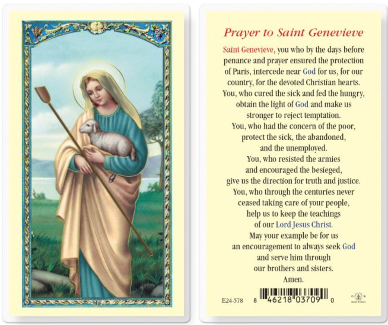 Laminated prayer card with illustration of a religious figure and text on the back