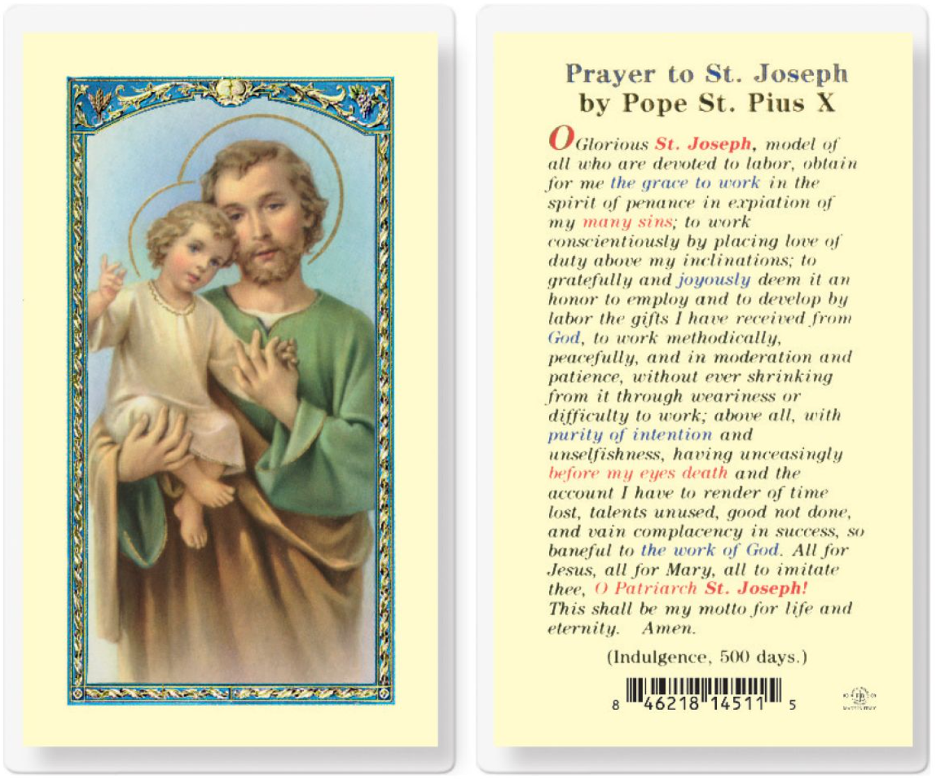 Prayer card featuring an illustration of Saint Joseph holding a child on the left side and text on the right.