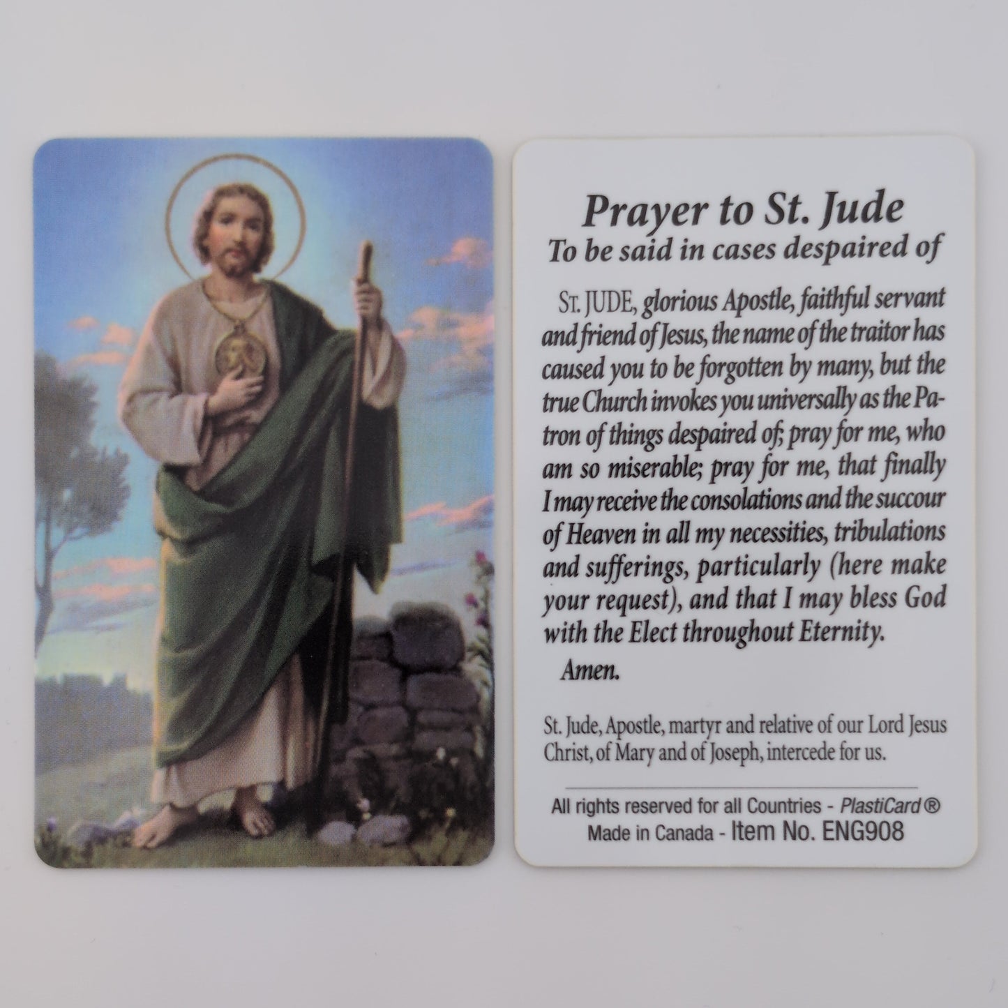 Card with a religious illustration of a saint and text on a white background