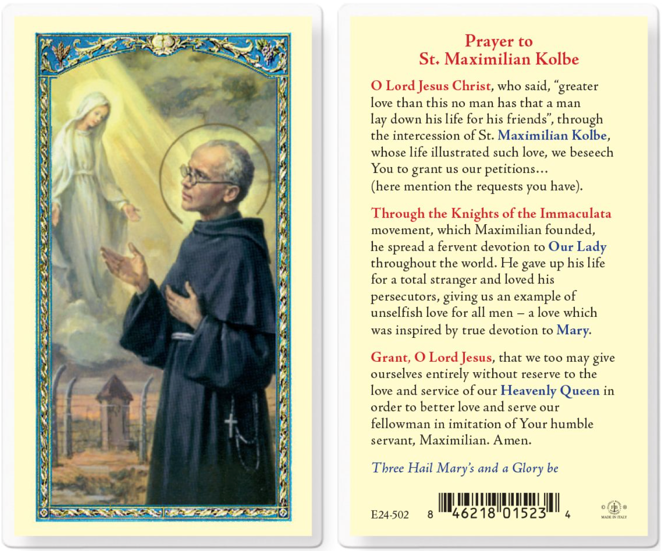Prayer card featuring St. Maximilian Kolbe with a religious illustration and text.