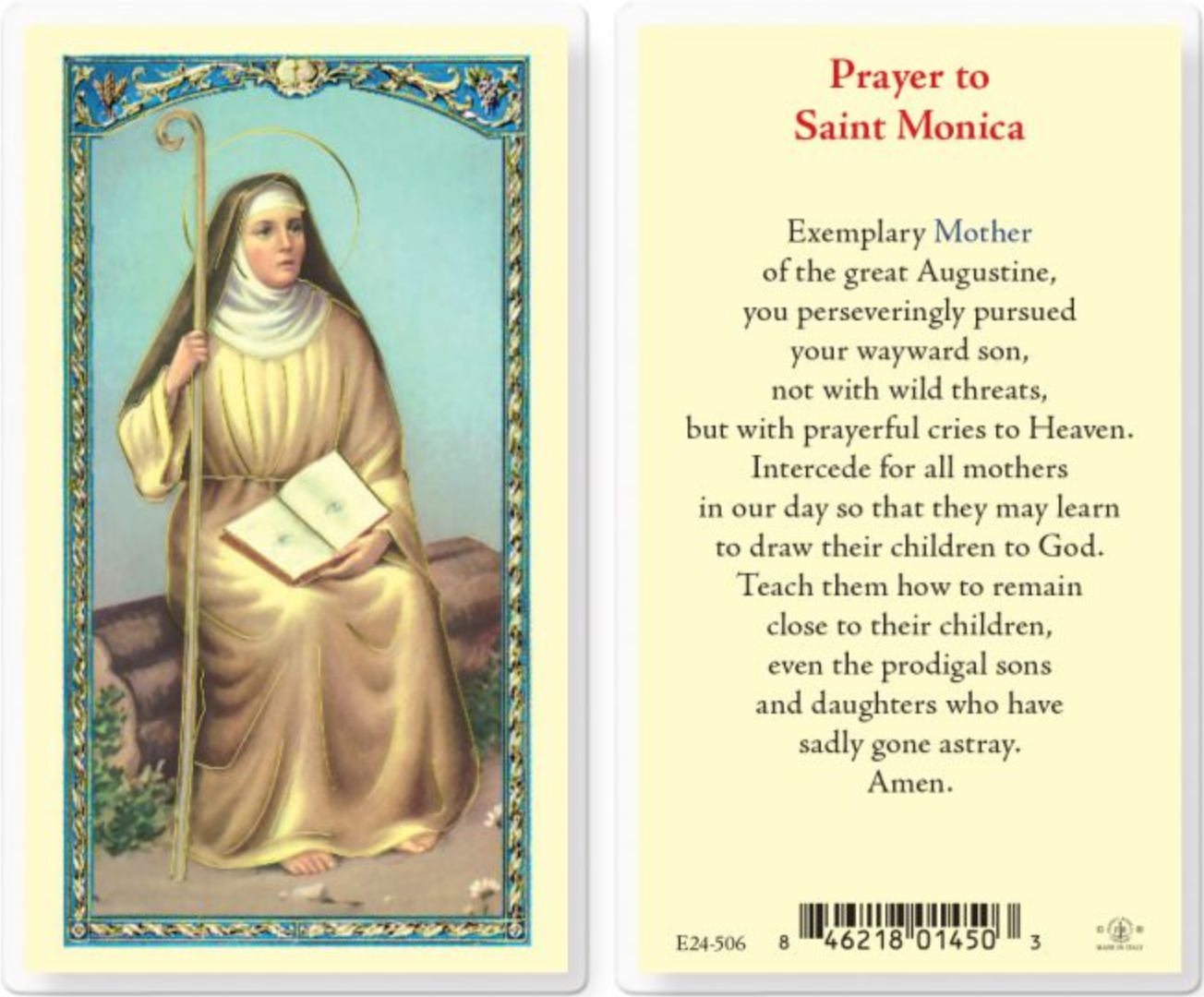 Prayer card featuring an illustration of Saint Monica with text on the back.