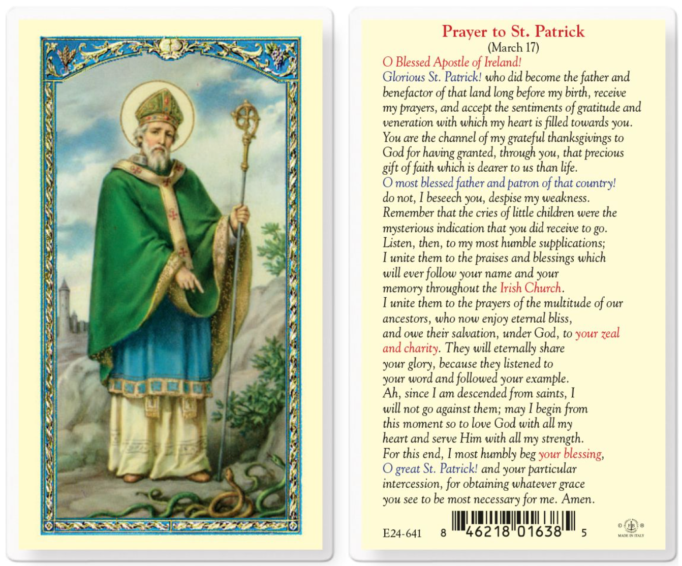 Prayer card with illustration of a saint and text on the back