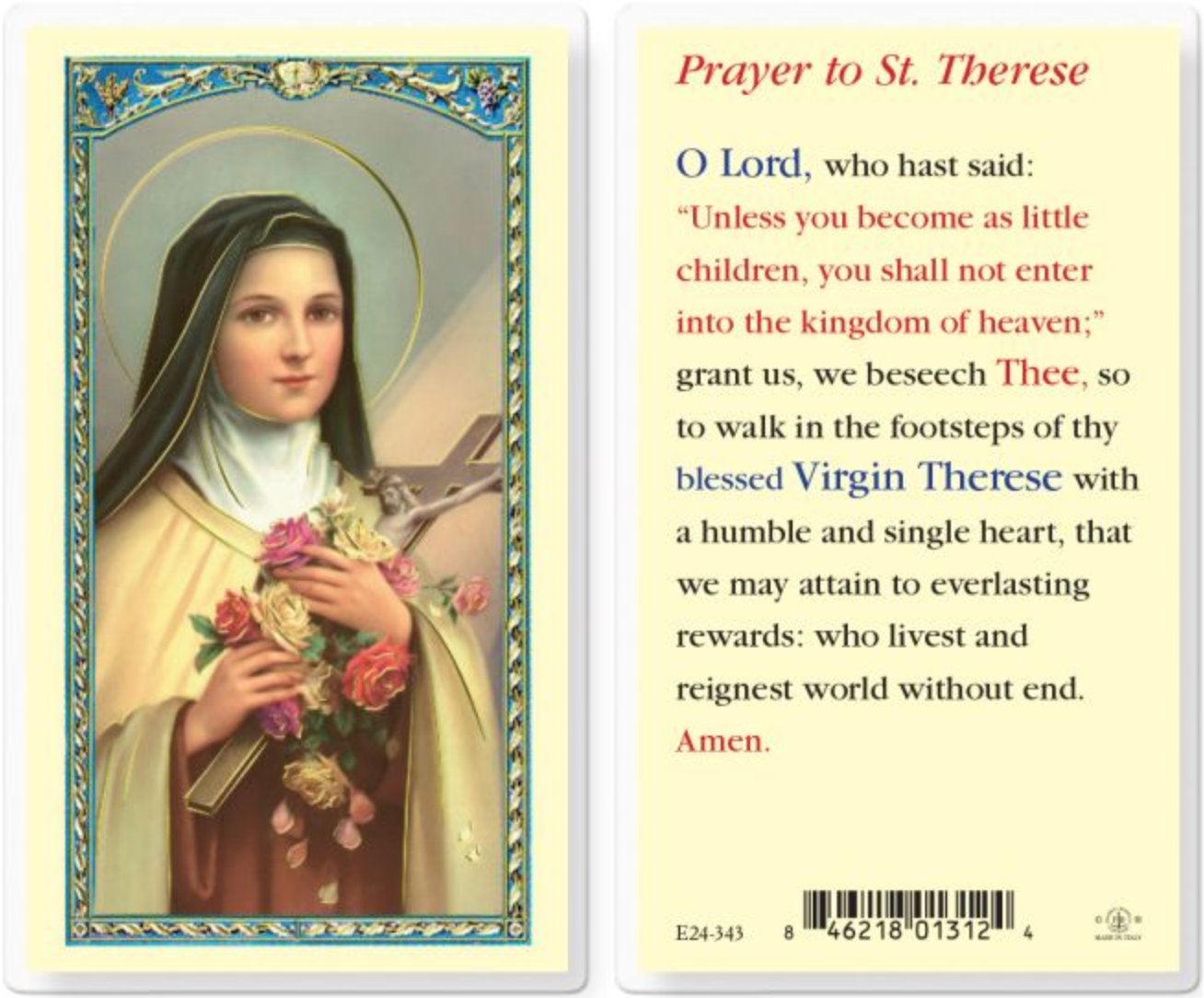 Prayer card with a portrait of St. Therese on one side and text on the other, featuring a decorative border.