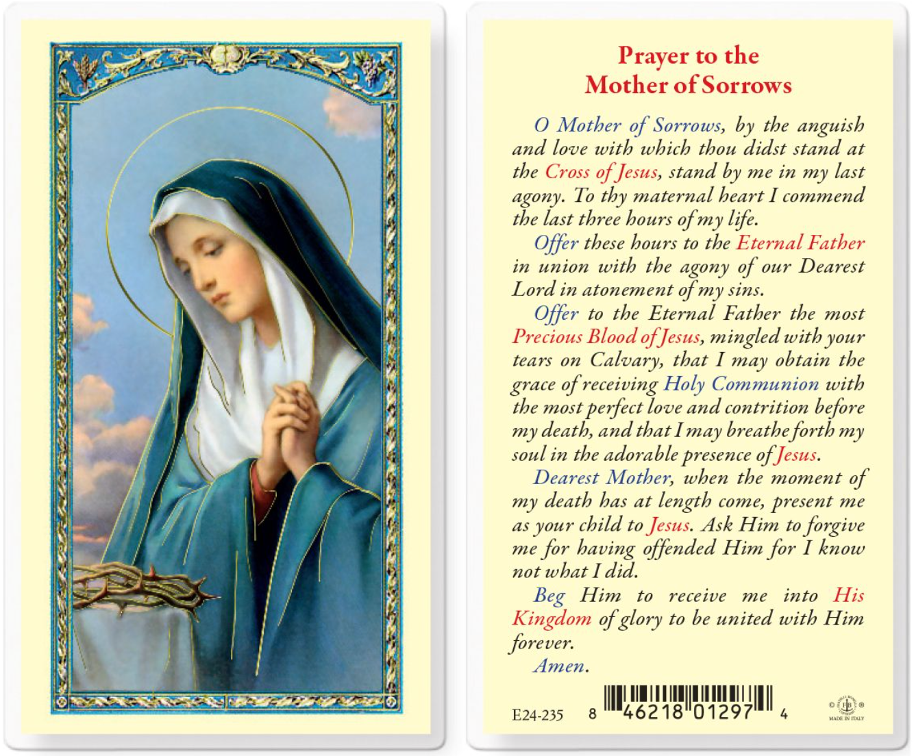Prayer card with image of a religious figure and text on a white background