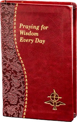A red imitation leather prayer book titled 'Praying for Wisdom Every Day' with gold lettering and a cross emblem.