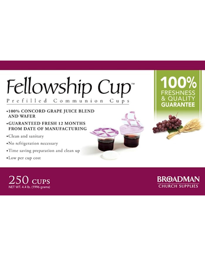 Package of Fellowship Cup prefilled communion cups with branding and product details.