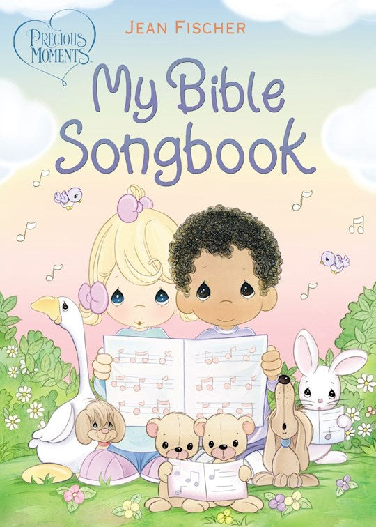 A boardbook titled 'Precious Moments: My Bible Songbook' featuring illustrations of children and animals around a Bible, emphasizing the religious and educational content of the book.